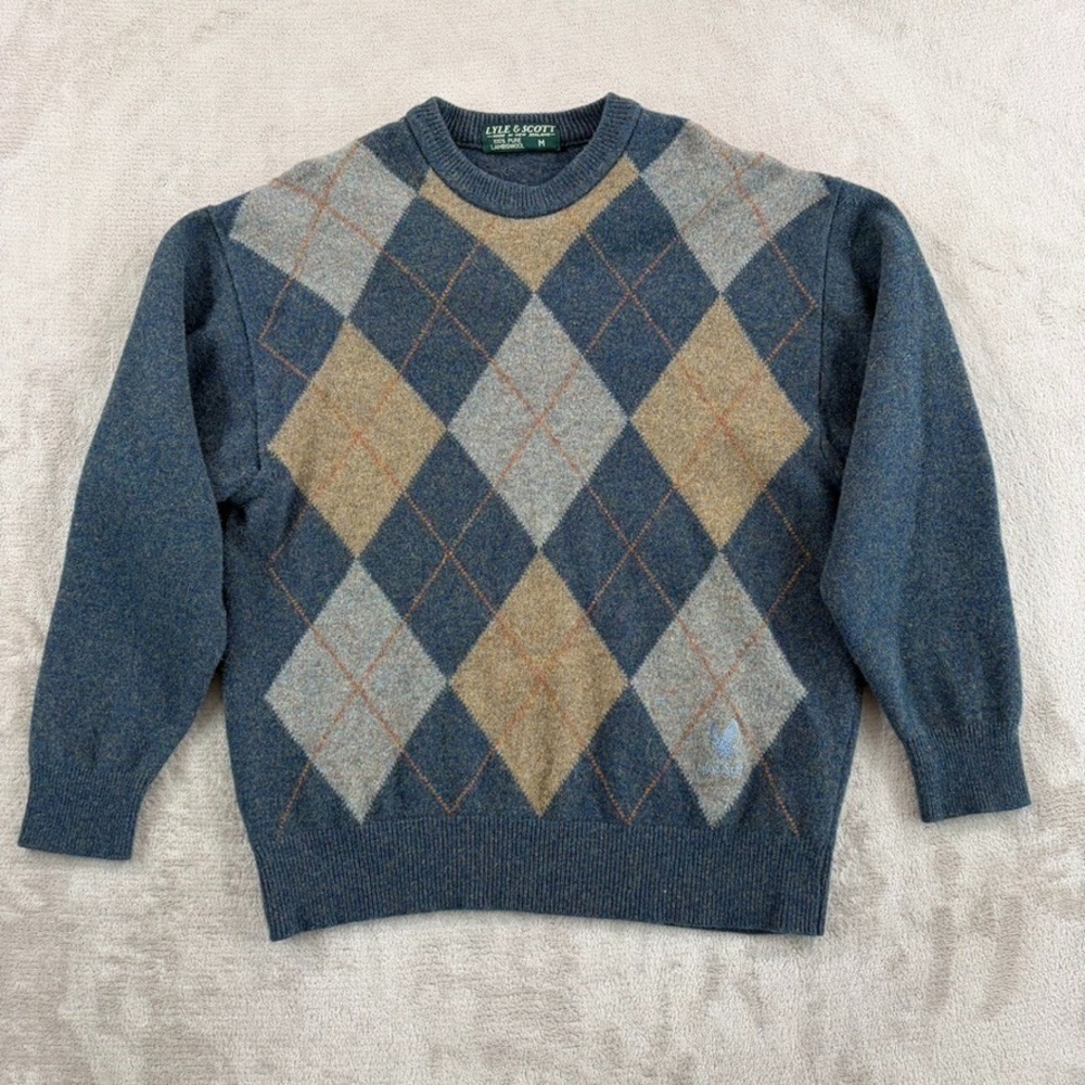 Vintage Lyle & Scott 100% Lambswool Sweater Men Medium Green Argyle New Zealand